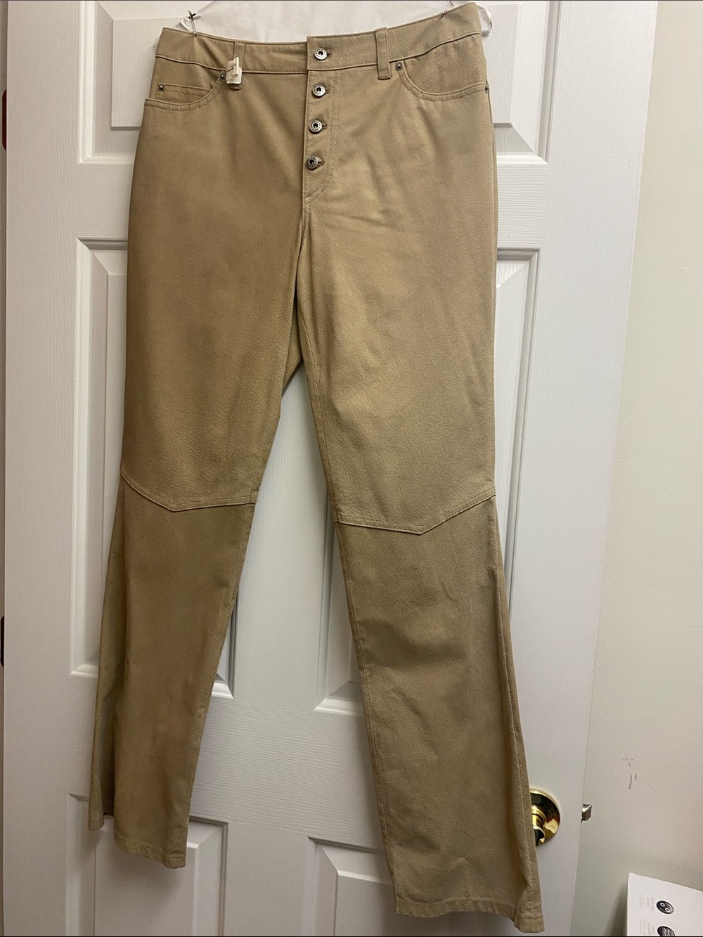 VINTAGE Women's Khaki Suede Leather Flare Button-Fly Pants - dry cleaned size 8